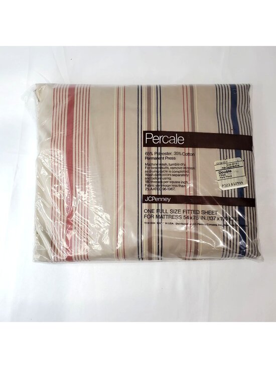 JC Penney Other - VTG JC Penney Percale Full Size Fitted Sheet Pale Taupe Multi Striped USA